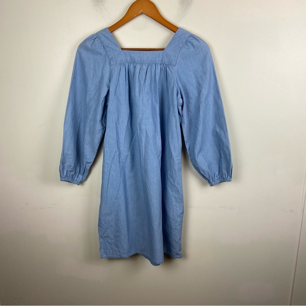 NWT J Crew Blue Chambray Square Neck Puff Sleeve‎ Longsleeve Shift Dress XXS